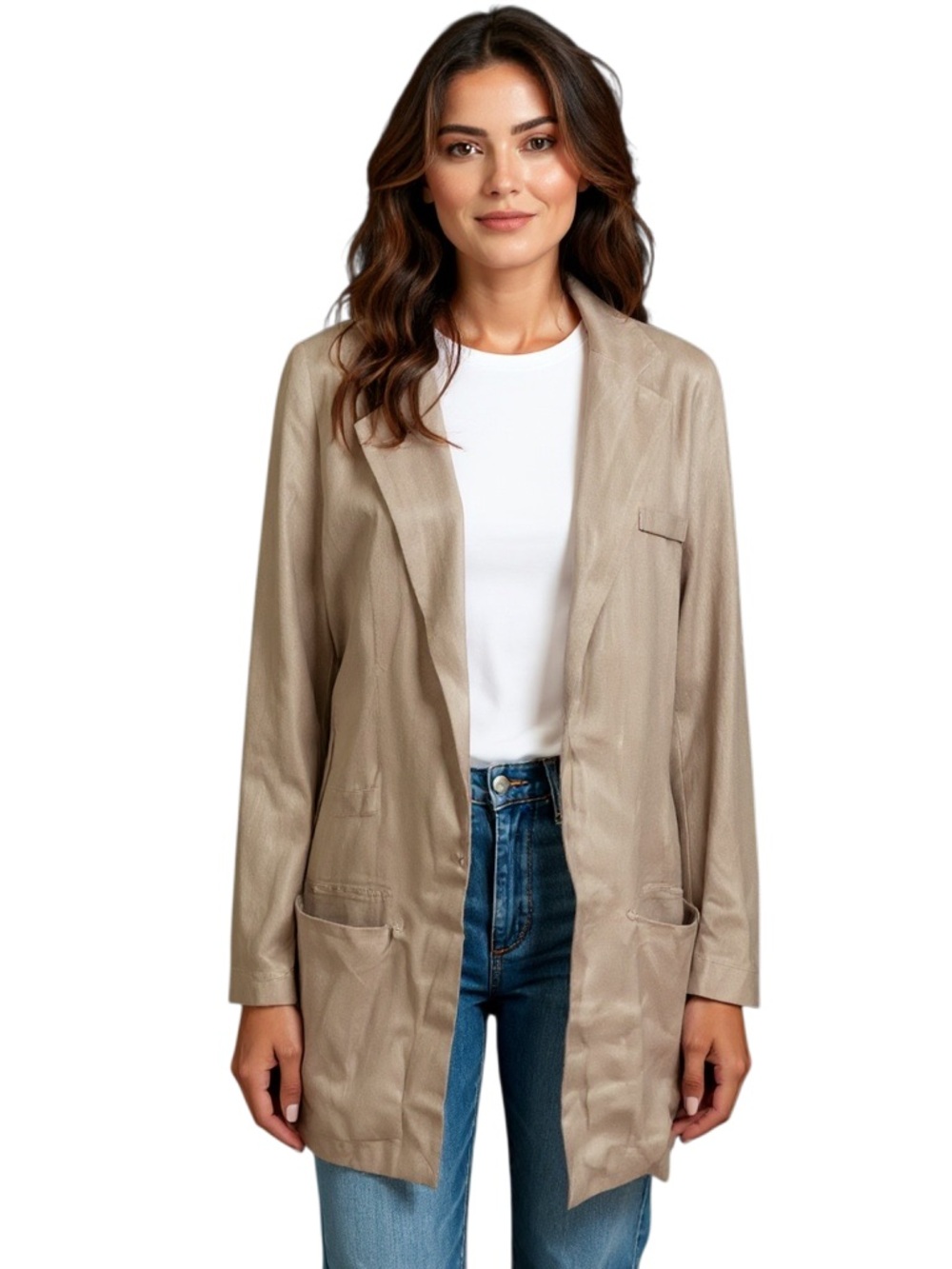 Soft Surroundings Tan Linen Open Long Jacket Size Medium